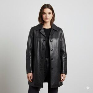 Vintage 90s Y2K Roots Black 100% Leather Straight Cut Mid Length Car Coat - 6/S